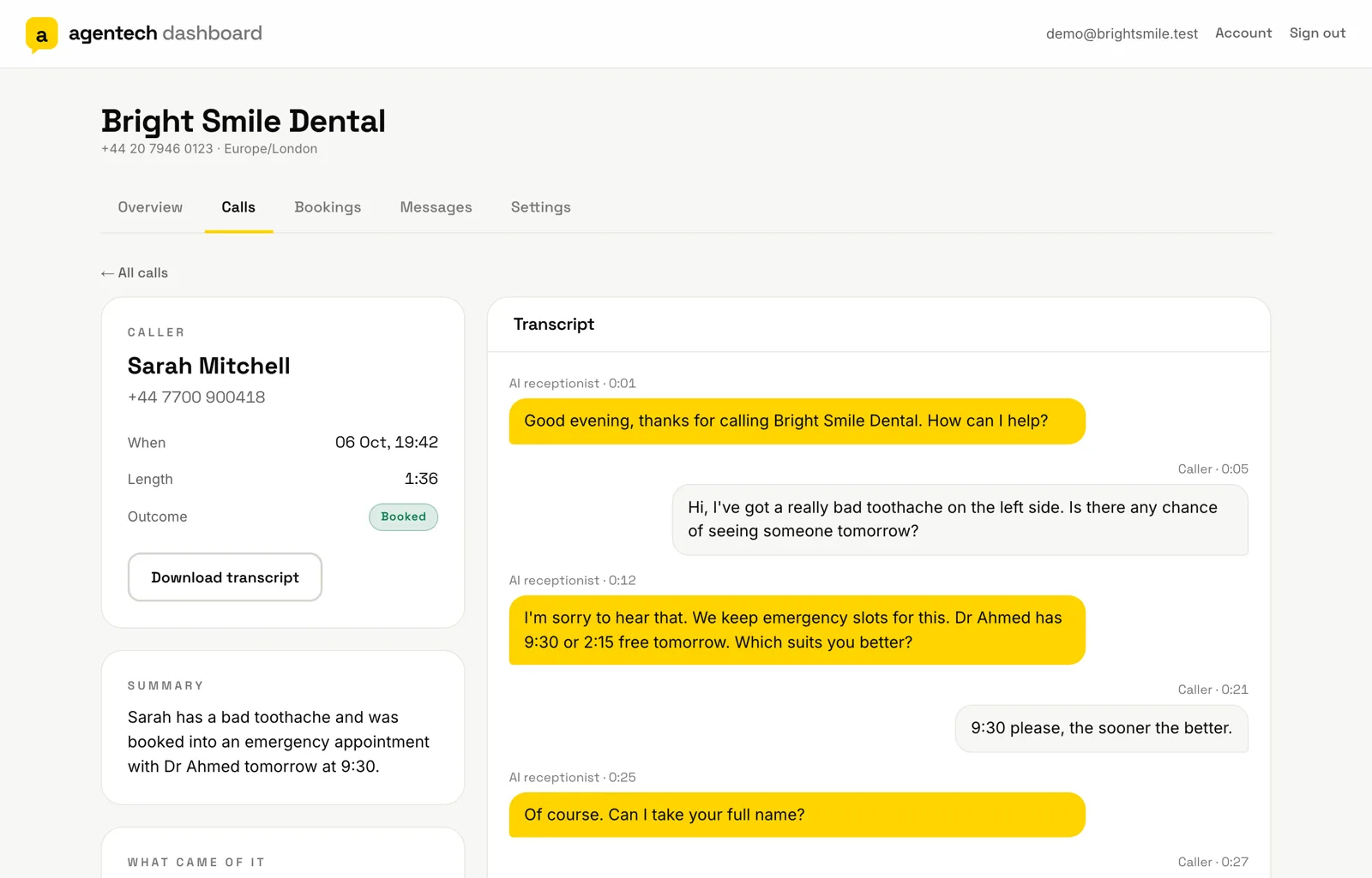 A call in the Agentech dashboard: caller details, a summary, the appointment booked and the full transcript
