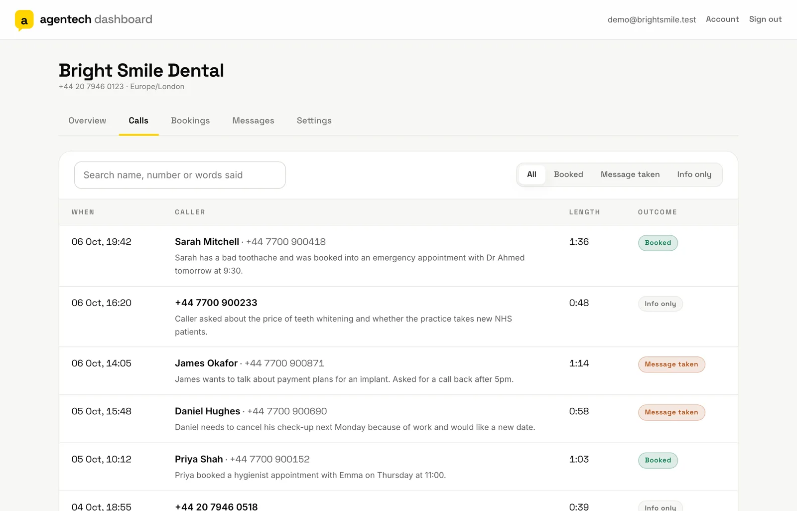 The Agentech dashboard call list: each call with the caller, a summary, its length and outcome